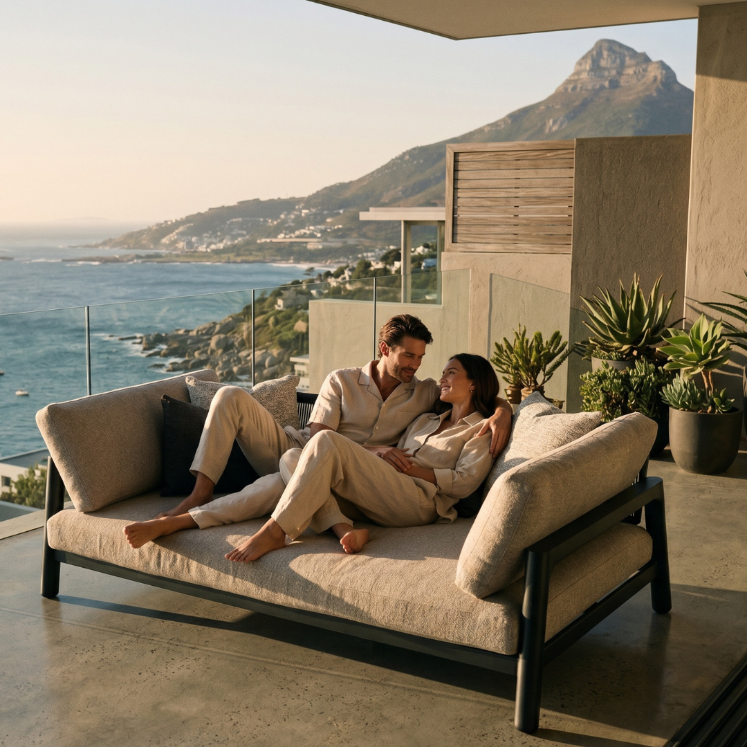 Couple relaxing on weatherproof outdoor furniture overlooking the Cape Town coastline.