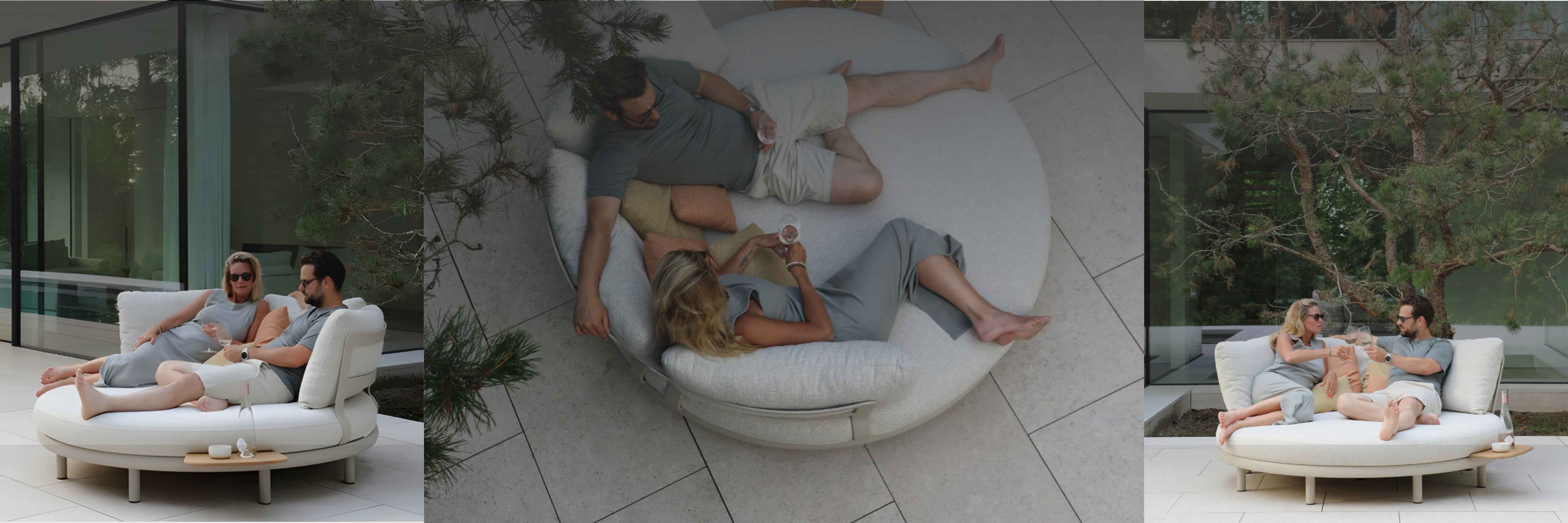 Luxury outdoor daybed lounge on a modern patio by MØN Exteriors