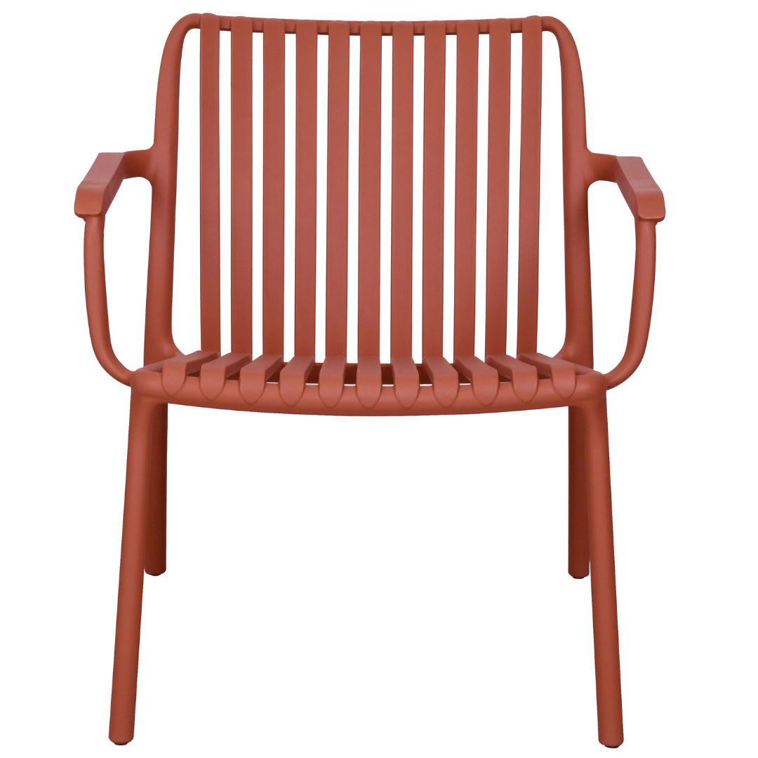 Close-up of the Cabo 6pc Lounge Set Terracotta chair showing the slatted back, curved arms and terracotta finish