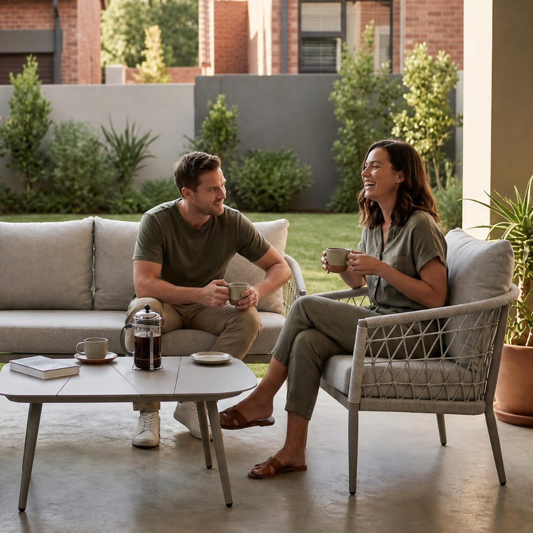 Enna Outdoor Lounge Set outdoor lounge furniture with neutral cushioned seating and coffee table in a modern patio setting