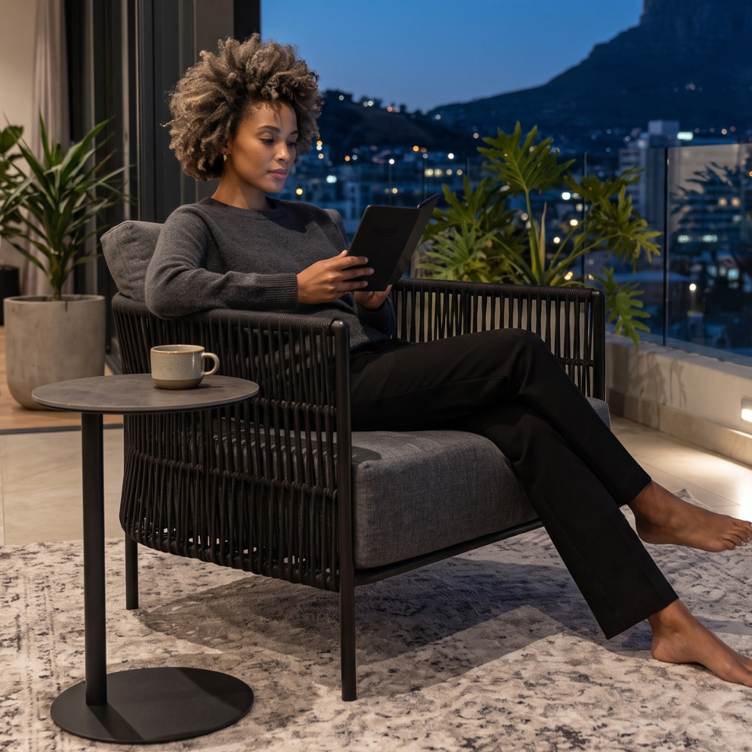 Anayet Sofa Chair black rope outdoor lounge chair with gray cushions and woman using a tablet on a city view balcony