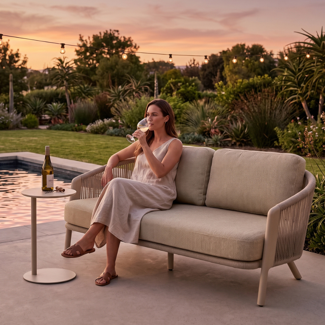 Haven 2 Seater Sofa - Mocha outdoor sofa with textured cushions and a woman enjoying a drink beside a pool at sunset