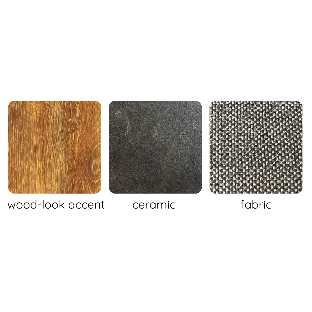Skovbryn Corner Sofa Set showing wood-look accent ceramic and fabric finish samples