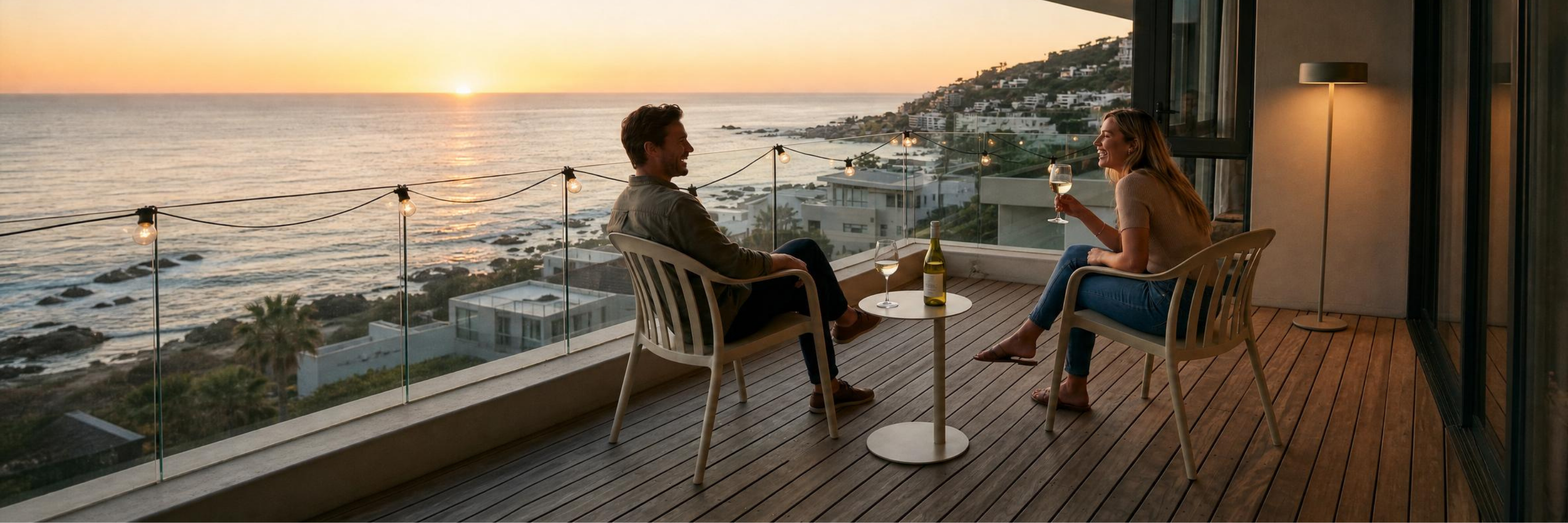 Hotel outdoor furniture on a sea-facing resort terrace in South Africa