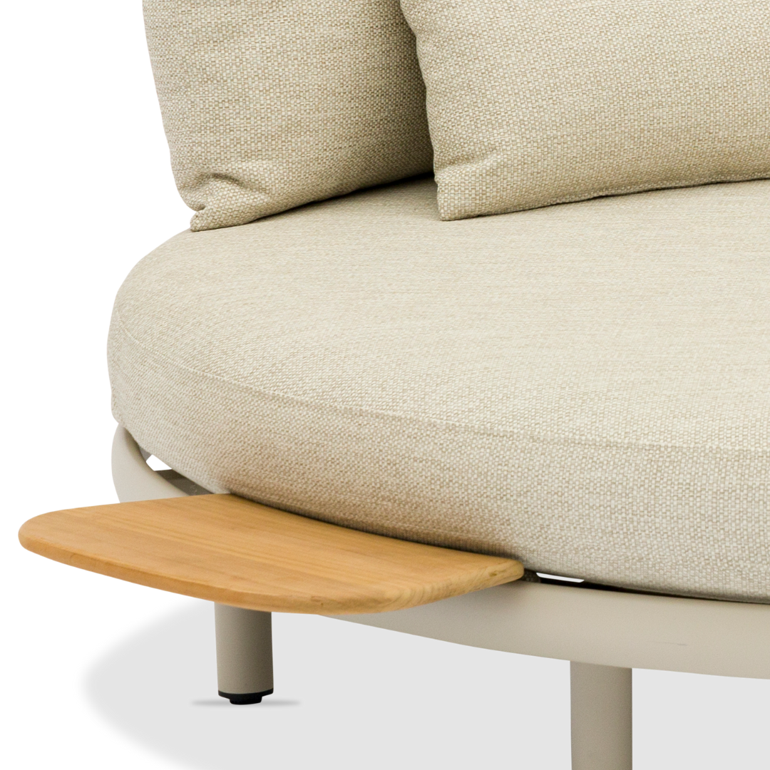 Close-up of the Cloud Island Outdoor Daybed base and teak side table