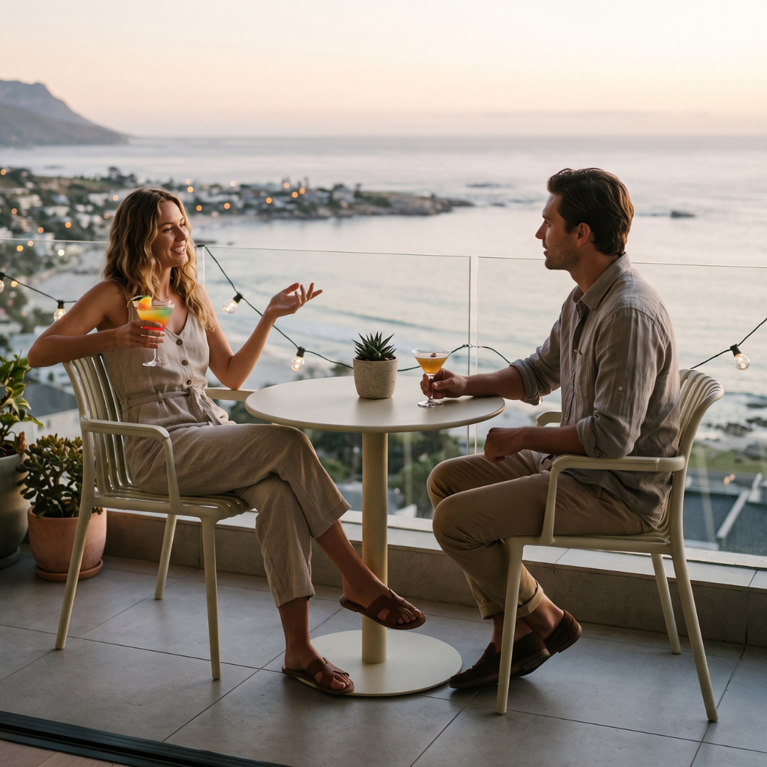 Couple enjoying outdoor dining on a balcony with ocean views and drinks at sunset.