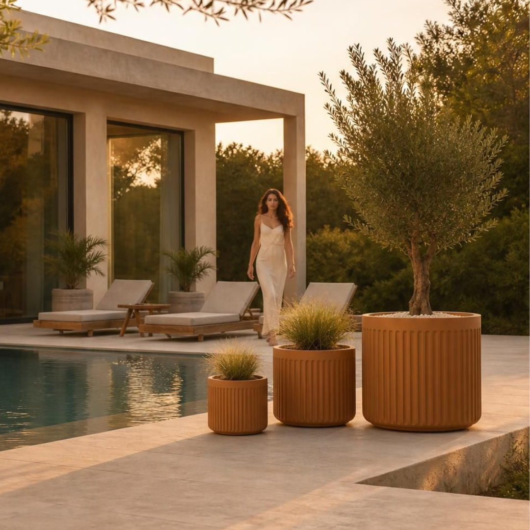 Outdoor planters and poolside furniture for hospitality and commercial projects