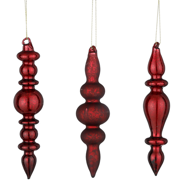 Set of 3: Dark Red Glass Finial Ornaments