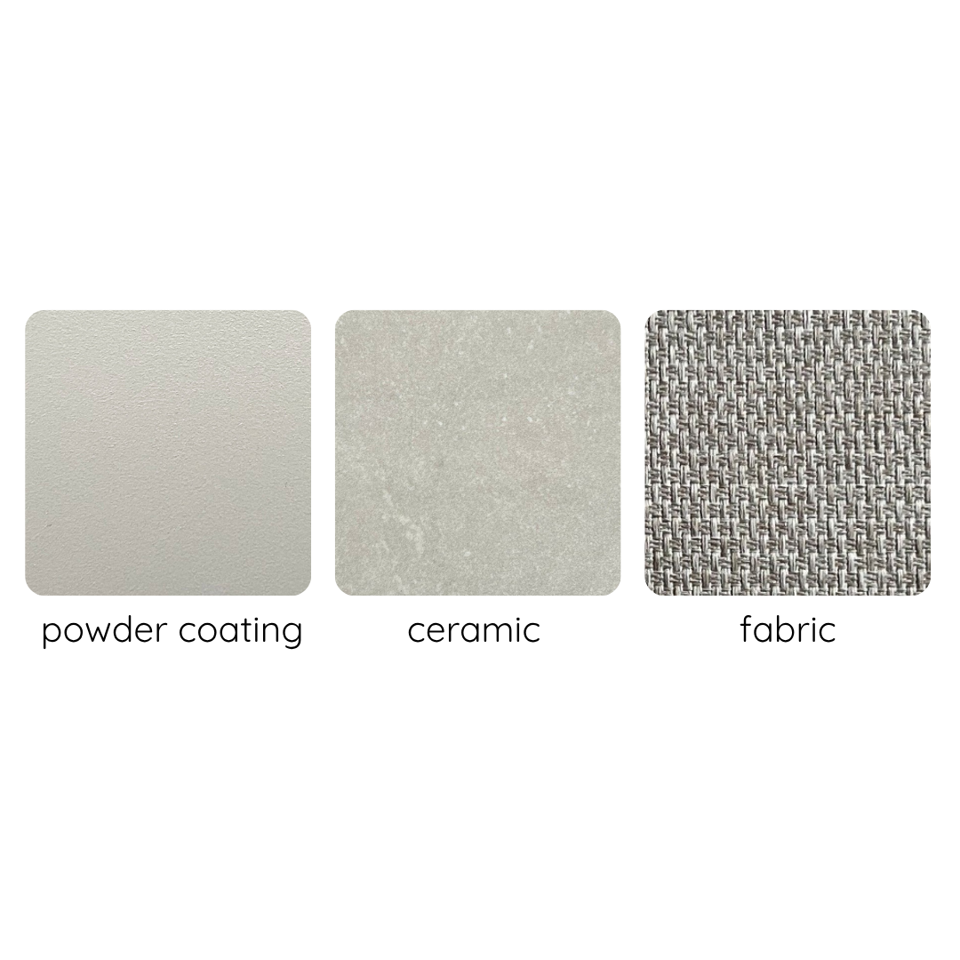 Norland Balcony Set - Light material swatches showing pale powder coating ceramic and woven fabric textures