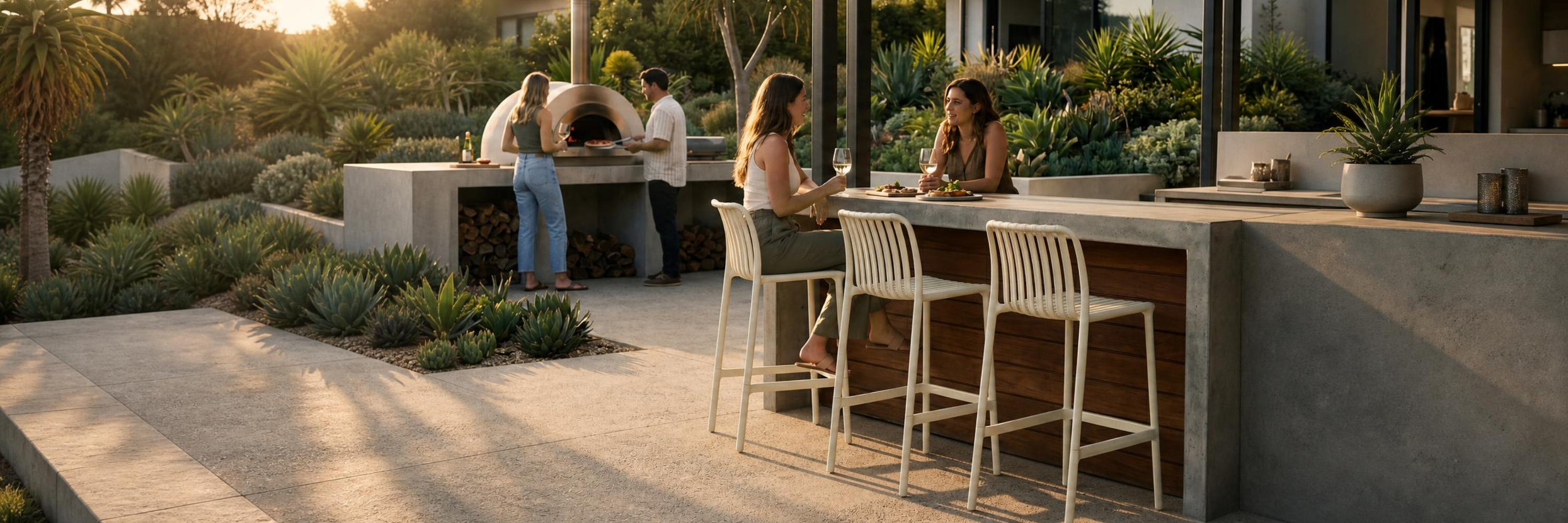 Outdoor patio scene at sunset with a modern concrete bar and three white bar stools in the foreground, while people gather around an outdoor kitchen and pizza oven in the background.